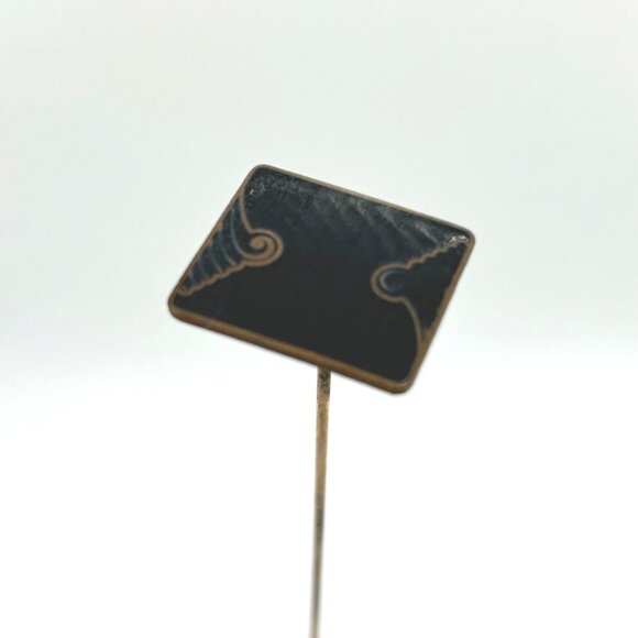 Estate Jewelry - Antique Art Nouveau Hat Pin Black Enamel On Copper 1900s Geometric Design 9 Inch